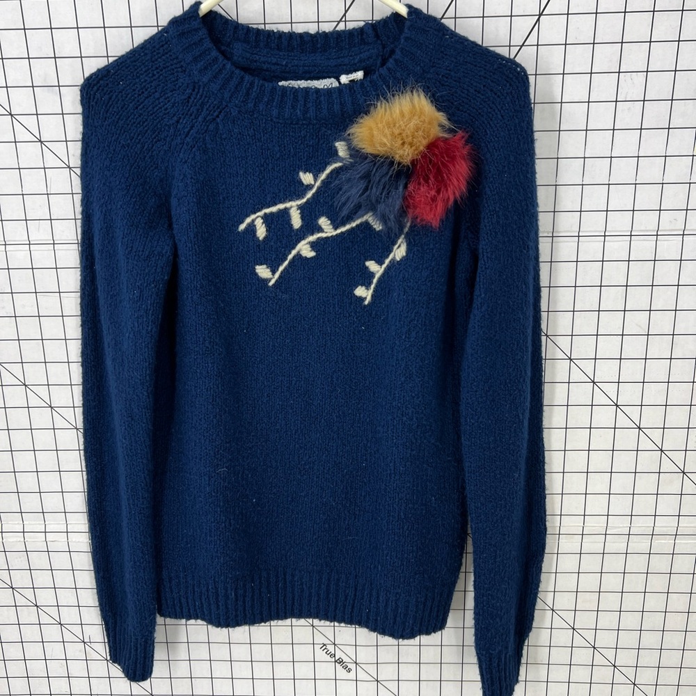 Anthropologie Evie Field Flower Fur Pommed Embroidery Sweater XS